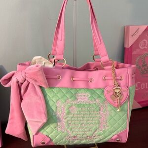 Juicy Couture Pink & Mint Quilted Tote Bag with Bow